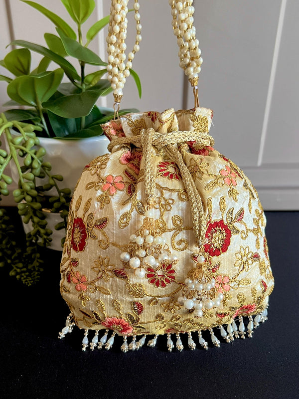 Gold Color Raw Silk Floral Light Weight Potli Bag | Embroidery Work Potli Bags | Bags for Gifts | Wedding Bags