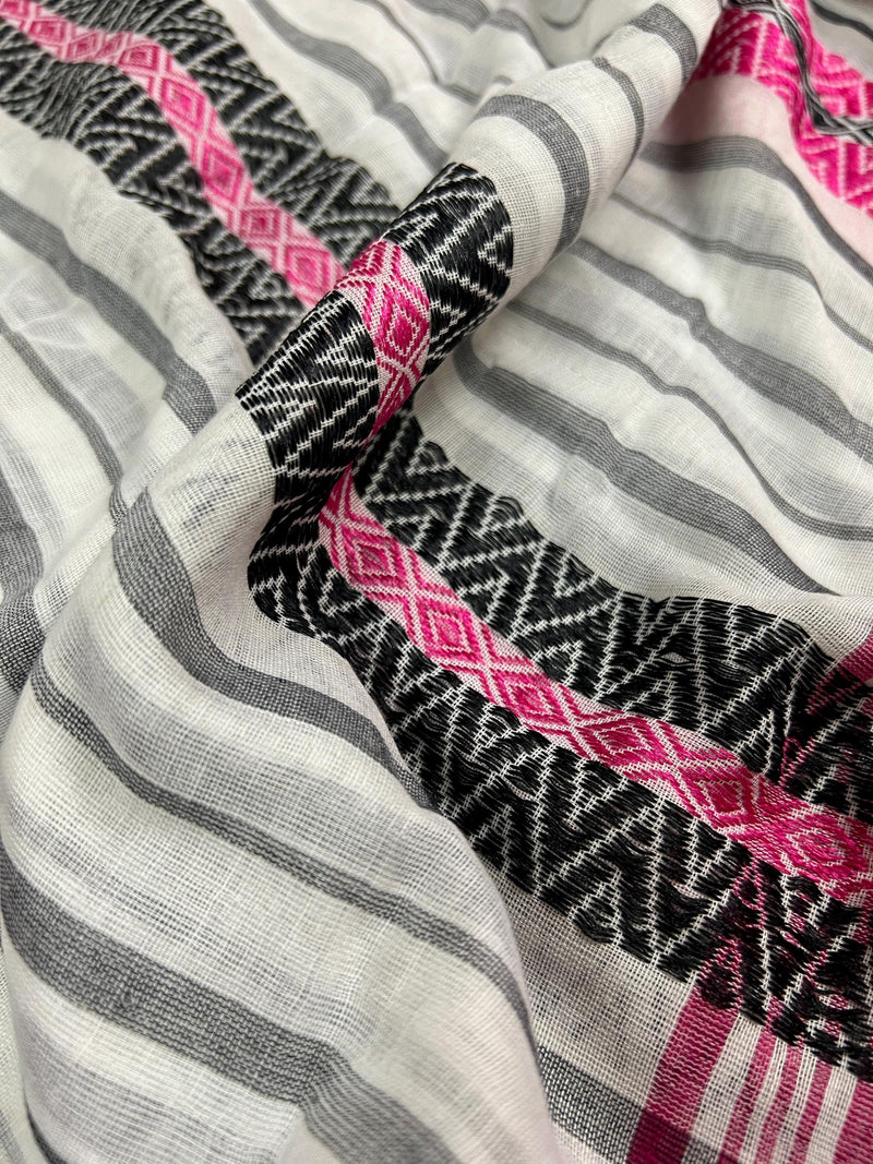 White with Pink and Black Bengal Handloom Cotton Saree - Bengal Sarees