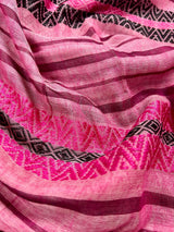 White with Pink and Black Bengal Handloom Cotton Saree - Bengal Sarees