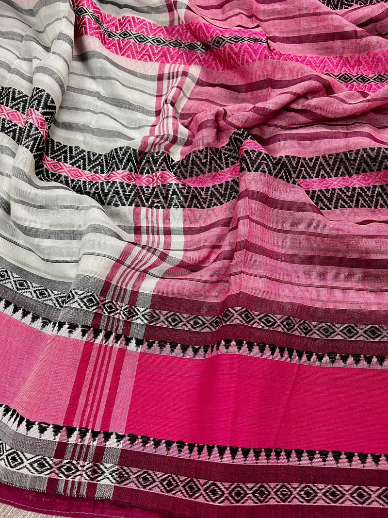 White with Pink and Black Bengal Handloom Cotton Saree - Bengal Sarees