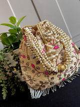 Raw Silk Floral Light Weight Potli Bag in Gold Color | Embroidery Work Potli Bags | Bags for Gifts | Wedding Bags