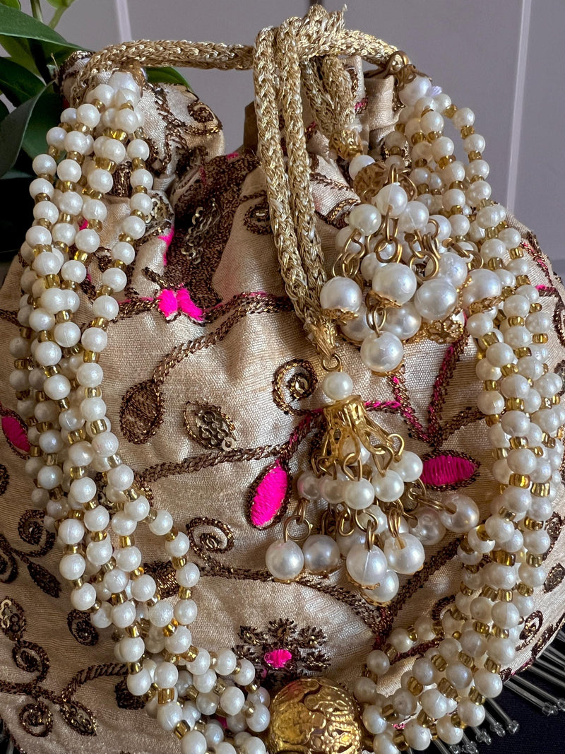 Raw Silk Floral Light Weight Potli Bag in Gold Color | Embroidery Work Potli Bags | Bags for Gifts | Wedding Bags