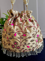 Raw Silk Floral Light Weight Potli Bag in Gold Color | Embroidery Work Potli Bags | Bags for Gifts | Wedding Bags