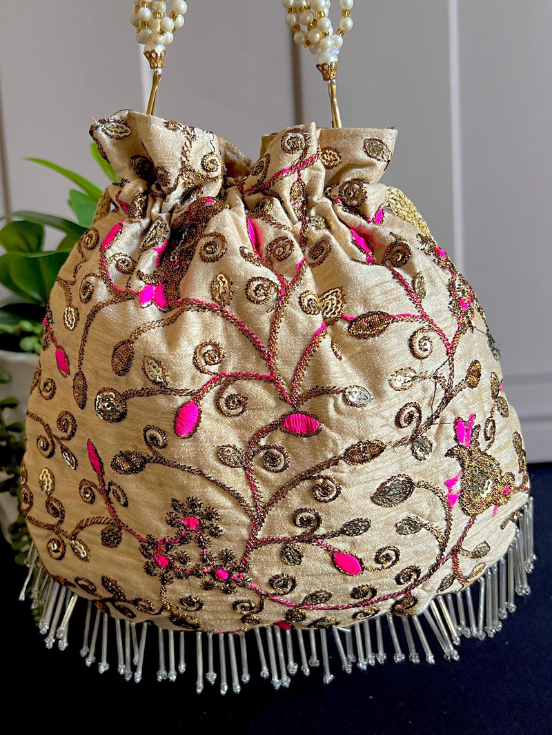 Raw Silk Floral Light Weight Potli Bag in Gold Color | Embroidery Work Potli Bags | Bags for Gifts | Wedding Bags