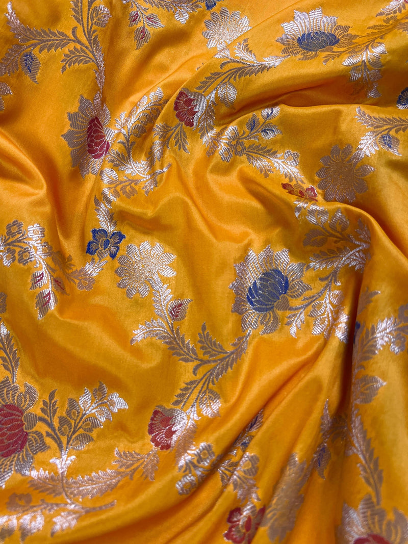 Statement Mango Yellow Saree with Jaal Weave Banarasi Butter Soft Silk in Gold Muted Zari with Floral Design with Meenakari