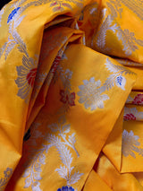 Statement Mango Yellow Saree with Jaal Weave Banarasi Butter Soft Silk in Gold Muted Zari with Floral Design with Meenakari