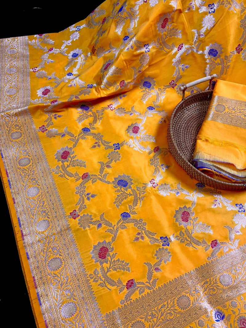 Statement Mango Yellow Saree with Jaal Weave Banarasi Butter Soft Silk in Gold Muted Zari with Floral Design with Meenakari