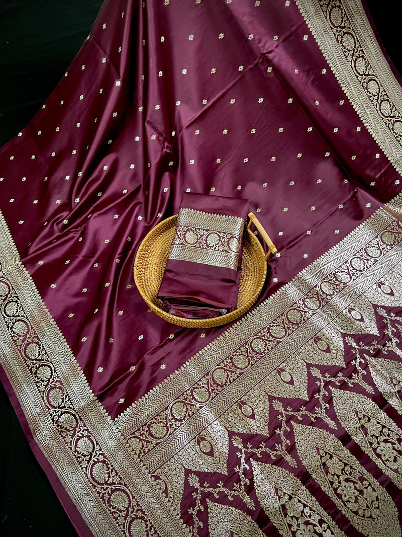 Wine Color Mashru Silk Handloom Saree with Gold Zari Weave - Banarasi Mashru Silk Saree