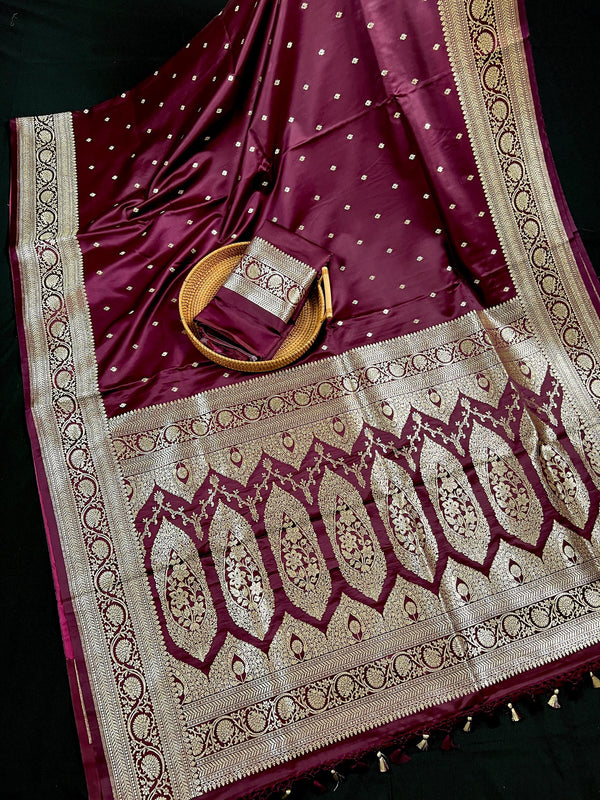 Wine Color Mashru Silk Handloom Saree with Gold Zari Weave - Banarasi Mashru Silk Saree