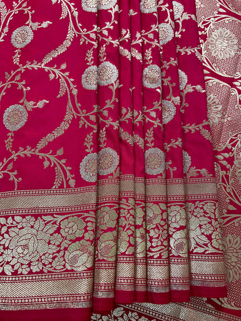 Hot Pink Color Semi Pure Mashru Silk Handloom Saree with Gold and Sliver Zari Weave - Banarasi Mashru Silk Saree