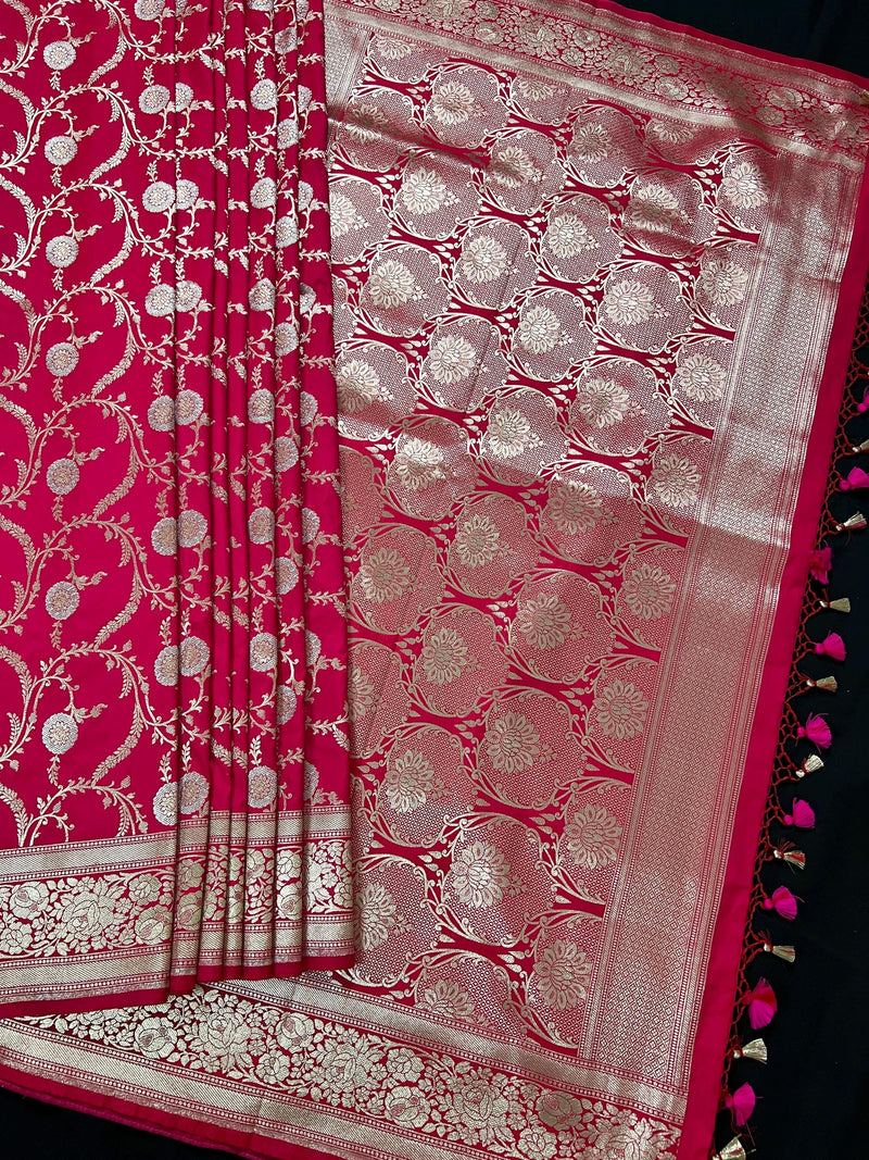 Hot Pink Color Semi Pure Mashru Silk Handloom Saree with Gold and Sliver Zari Weave - Banarasi Mashru Silk Saree