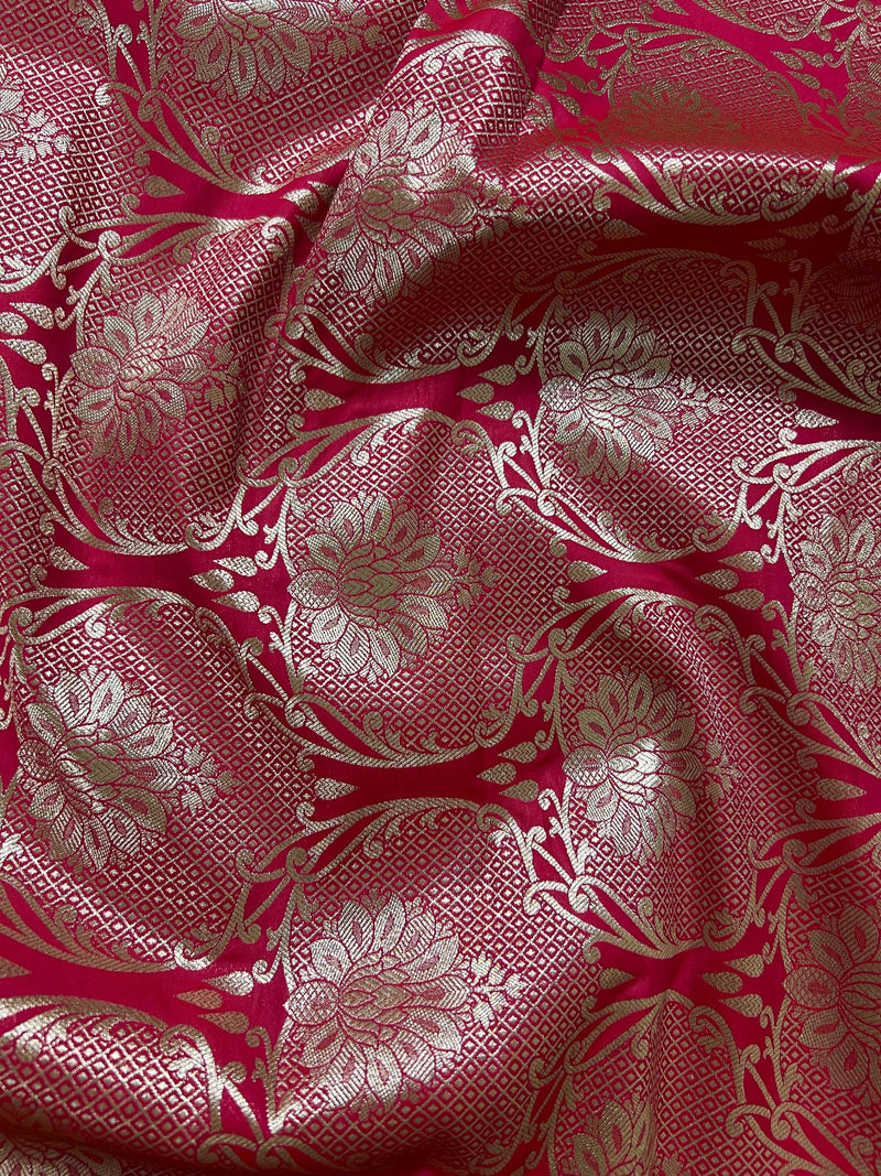 Hot Pink Color Semi Pure Mashru Silk Handloom Saree with Gold and Sliver Zari Weave - Banarasi Mashru Silk Saree