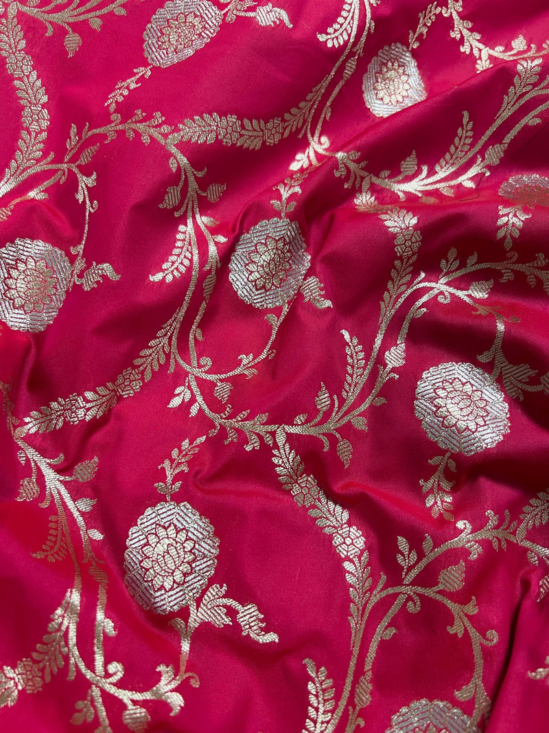 Hot Pink Color Semi Pure Mashru Silk Handloom Saree with Gold and Sliver Zari Weave - Banarasi Mashru Silk Saree