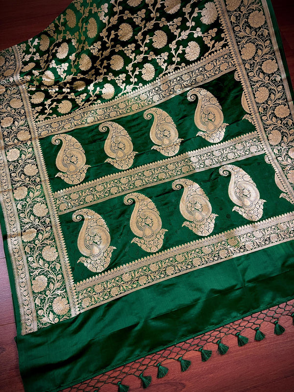 Bottle Green Traditional Banarasi Silk Saree with Muted Gold Zari Weave