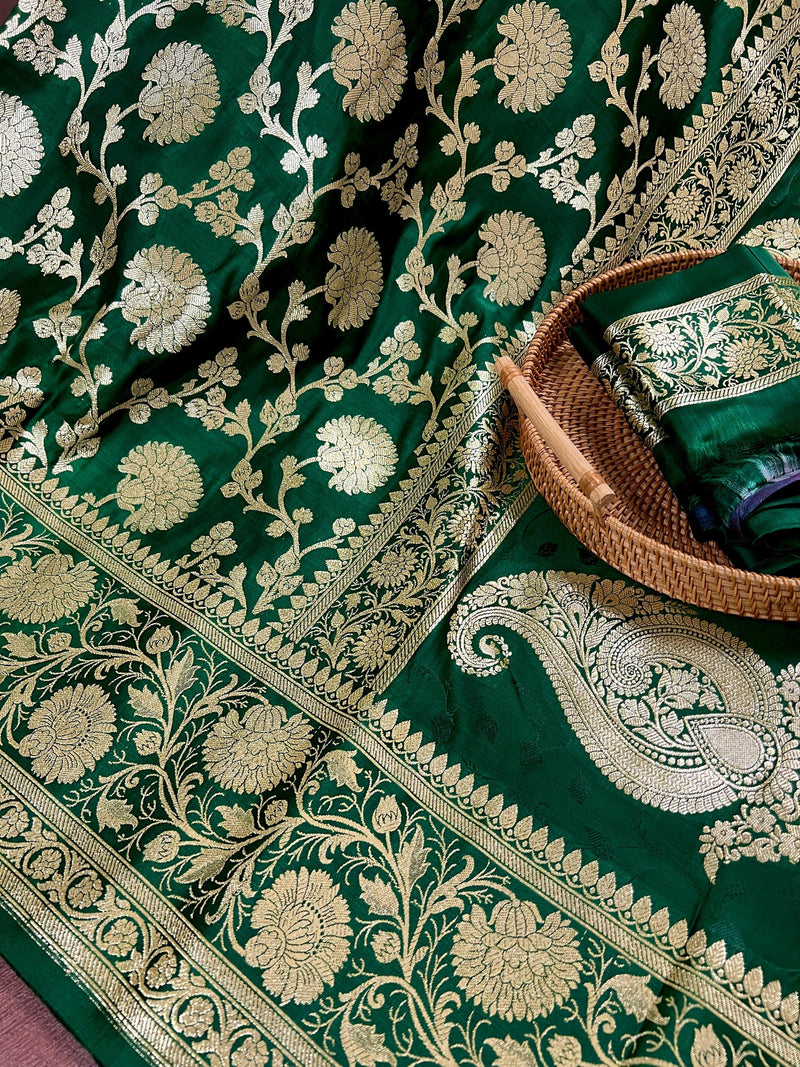 Bottle Green Traditional Banarasi Silk Saree with Muted Gold Zari Weave