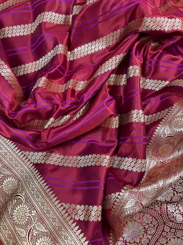 Wine Color Mashru Silk Handloom Saree with Purple Stripes Gold Zari Weave - Banarasi Mashru Silk Saree