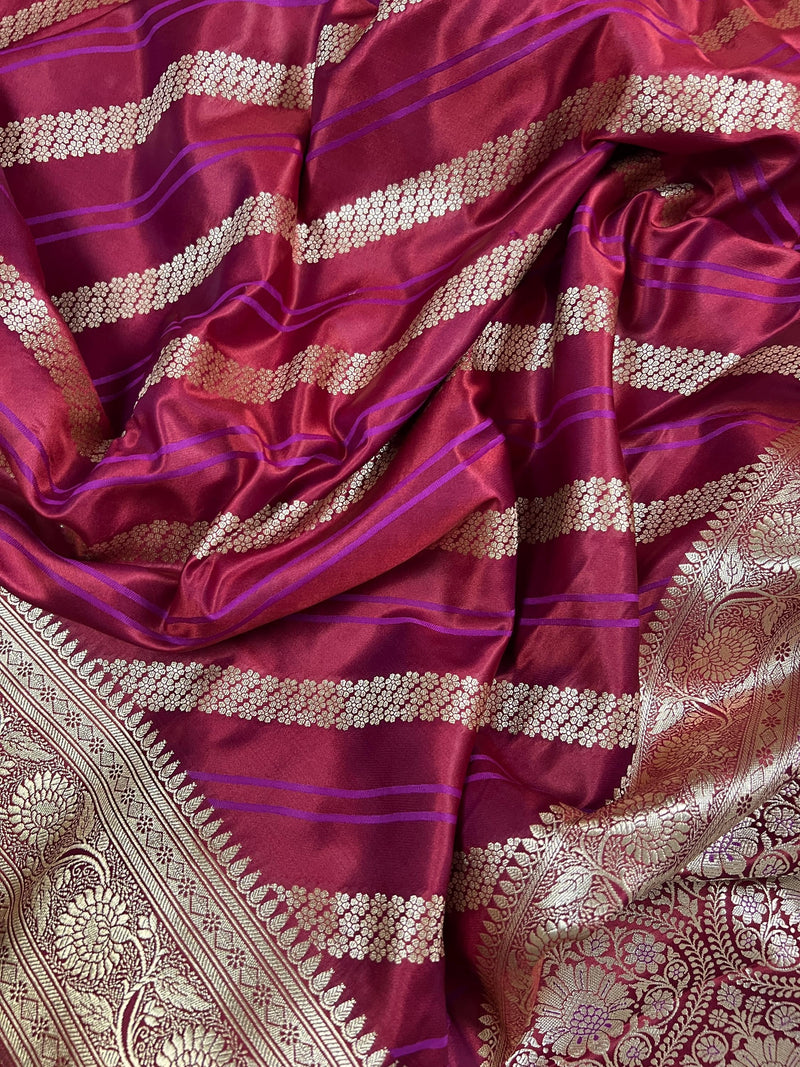 Wine Color Mashru Silk Handloom Saree with Purple Stripes Gold Zari Weave - Banarasi Mashru Silk Saree