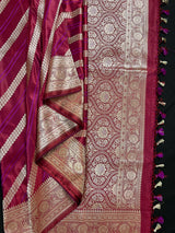 Wine Color Mashru Silk Handloom Saree with Purple Stripes Gold Zari Weave - Banarasi Mashru Silk Saree