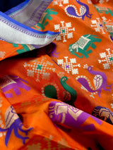 Orange and Blue Color Traditional Banarasi Handloom Soft Silk Saree - Elephant and Peacock Motifs with Meenakari - Temple Border