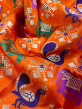 Orange and Blue Color Traditional Banarasi Handloom Soft Silk Saree - Elephant and Peacock Motifs with Meenakari - Temple Border