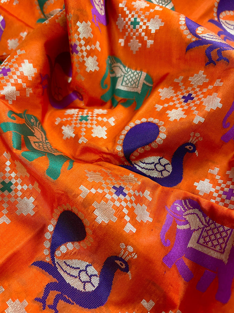 Orange and Blue Color Traditional Banarasi Handloom Soft Silk Saree - Elephant and Peacock Motifs with Meenakari - Temple Border