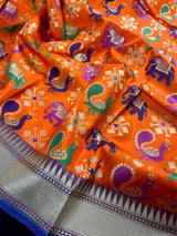 Orange and Blue Color Traditional Banarasi Handloom Soft Silk Saree - Elephant and Peacock Motifs with Meenakari - Temple Border