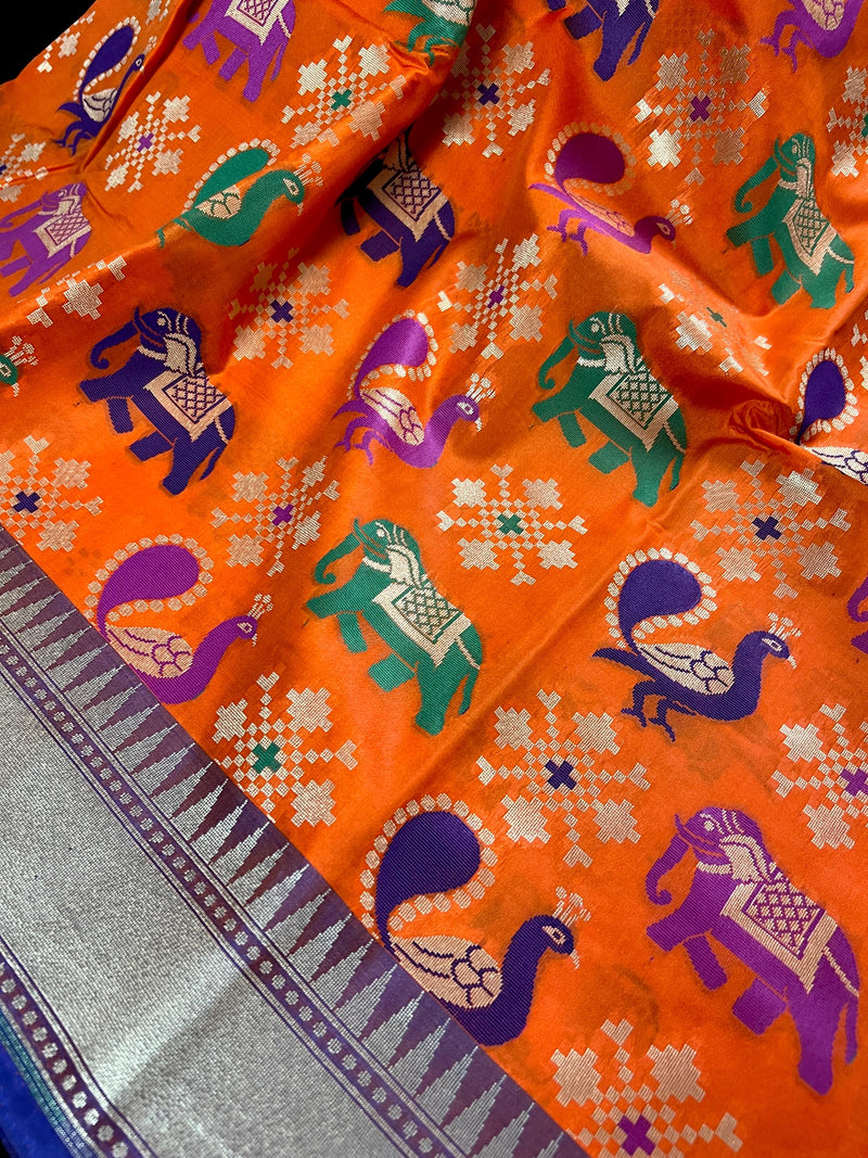 Orange and Blue Color Traditional Banarasi Handloom Soft Silk Saree - Elephant and Peacock Motifs with Meenakari - Temple Border