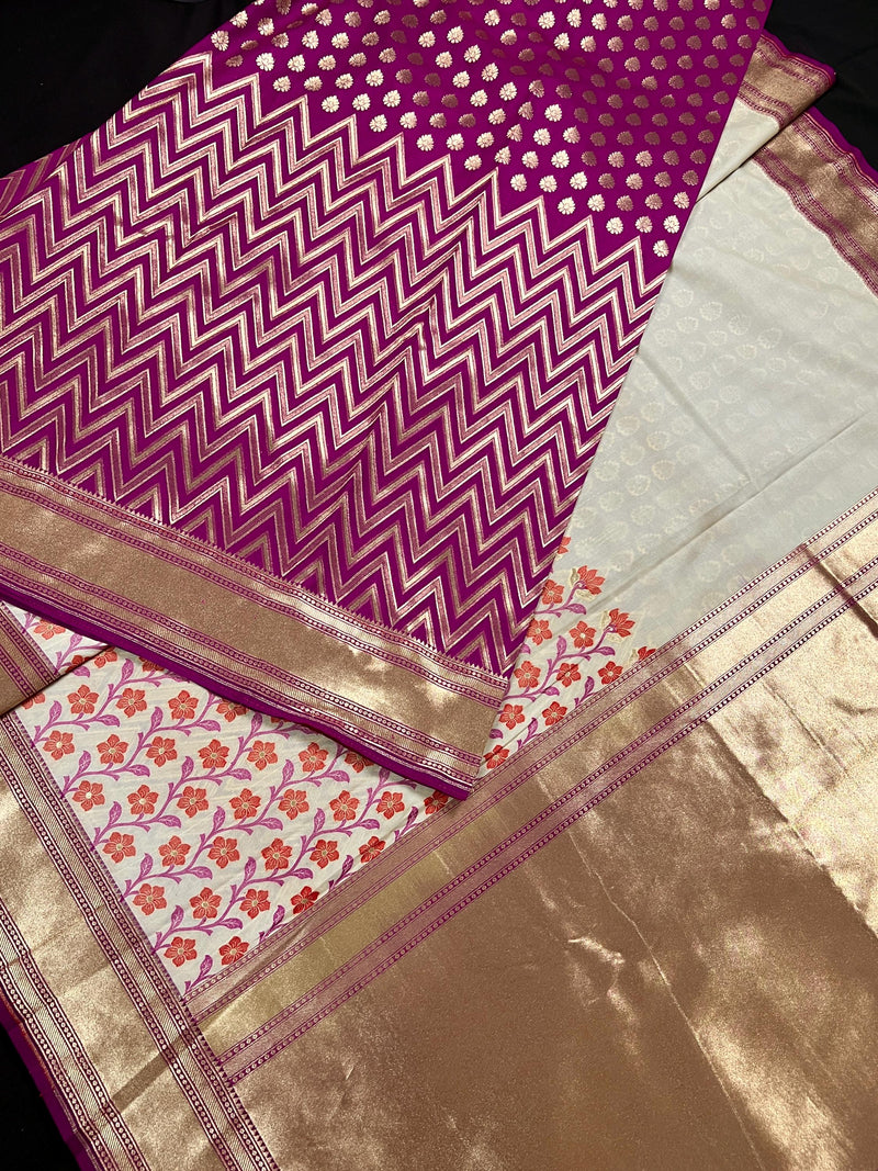 Statement Pearl White with Purple Half and Half Saree - Traditional Banarasi Soft Silk Handloom Saree - Gold Zari Weave and Meenakari