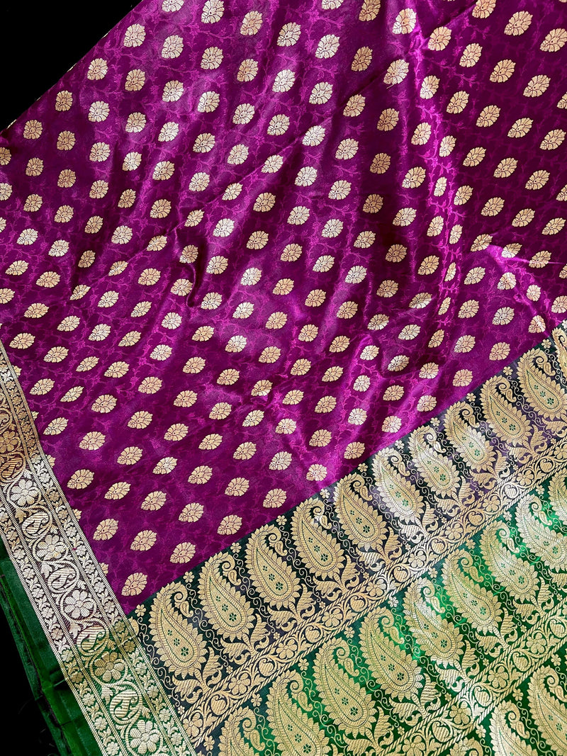 Statement Purple with Green Borders Banarasi Tanchoi Silk Handloom Saree | Zari Weaving with Motifs