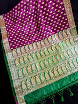 Statement Purple with Green Borders Banarasi Tanchoi Silk Handloom Saree | Zari Weaving with Motifs