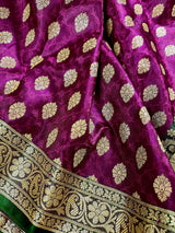 Statement Purple with Green Borders Banarasi Tanchoi Silk Handloom Saree | Zari Weaving with Motifs