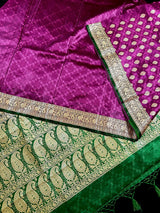 Statement Purple with Green Borders Banarasi Tanchoi Silk Handloom Saree | Zari Weaving with Motifs