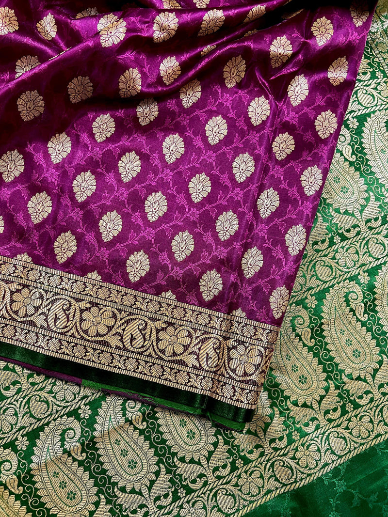 Statement Purple with Green Borders Banarasi Tanchoi Silk Handloom Saree | Zari Weaving with Motifs