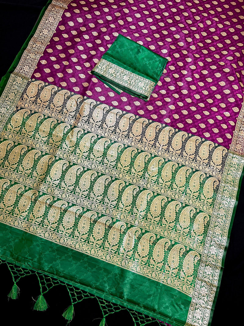 Statement Purple with Green Borders Banarasi Tanchoi Silk Handloom Saree | Zari Weaving with Motifs