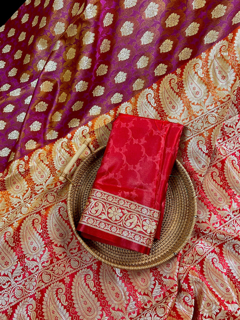 Statement Copper Pink Dual Shade with Red borders Banarasi Tanchoi Silk Handloom Saree | Zari Weaving with Motifs