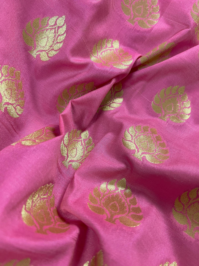 Rose Pink with Hot Sky Blue Traditional Banarasi Handloom Saree - Banarasi Silk Saree - Satin Patta Border