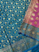 Rose Pink with Hot Sky Blue Traditional Banarasi Handloom Saree - Banarasi Silk Saree - Satin Patta Border