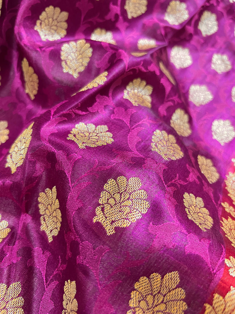 Statement Purple with Red Banarasi Tanchoi Silk Handloom Saree | Zari Weaving with Motifs