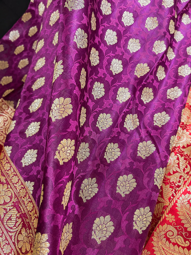 Statement Purple with Red Banarasi Tanchoi Silk Handloom Saree | Zari Weaving with Motifs