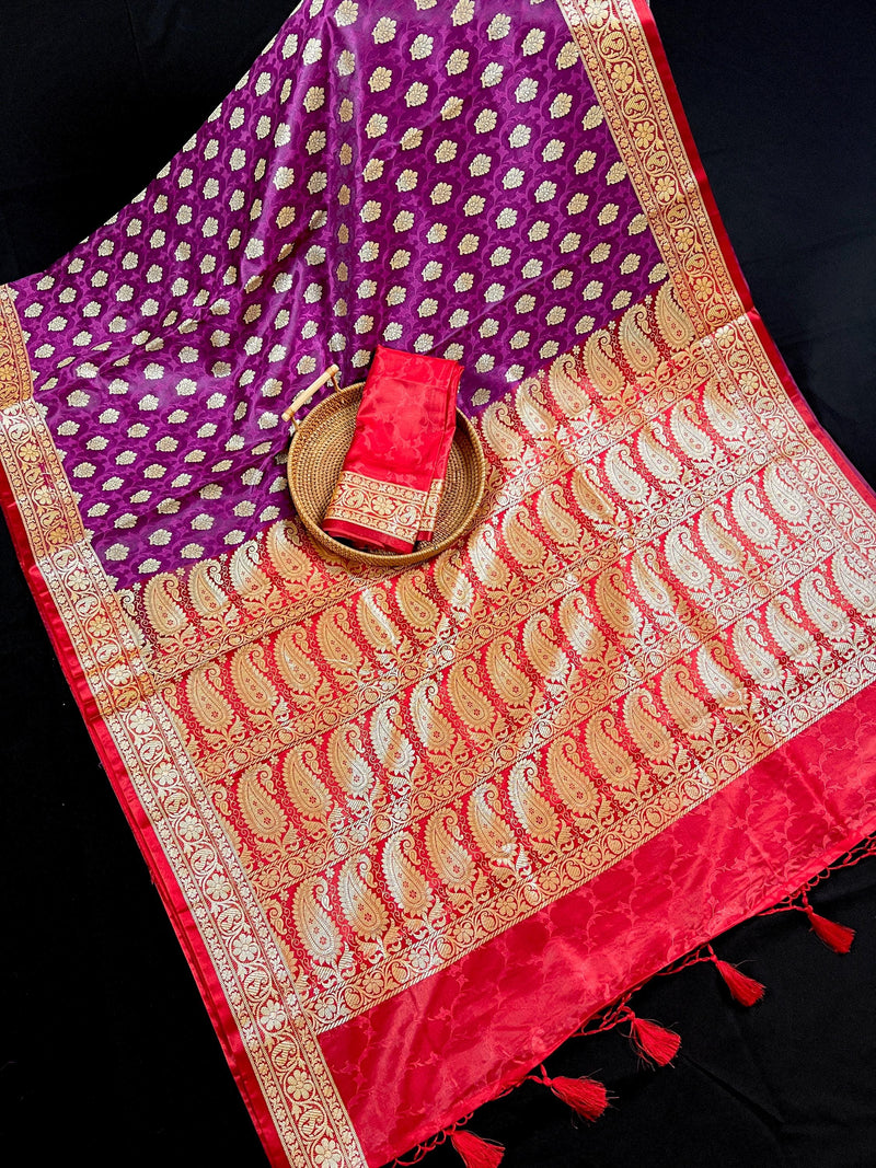 Statement Purple with Red Banarasi Tanchoi Silk Handloom Saree | Zari Weaving with Motifs