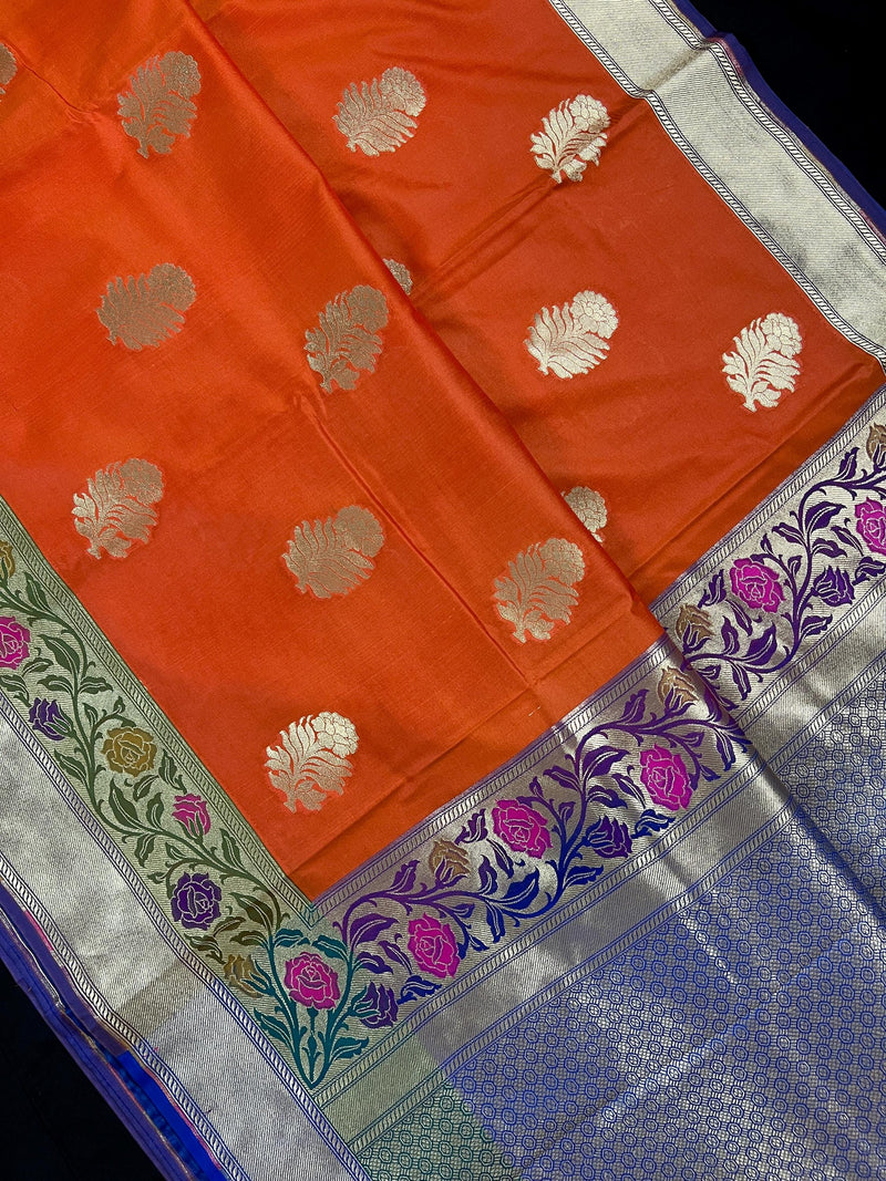 Orange Color Traditional Handloom Banarasi Saree with Floral Buttas  | Paithani Style Border | Meenakari Flowers