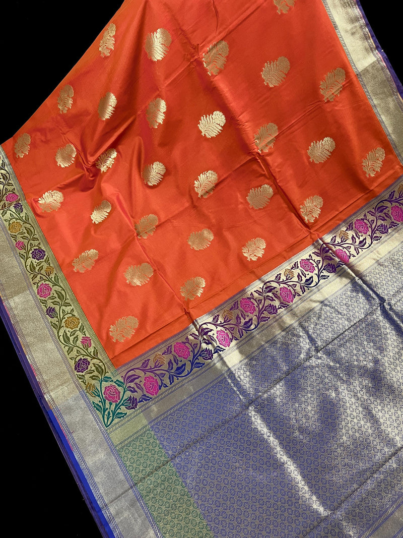 Orange Color Traditional Handloom Banarasi Saree with Floral Buttas  | Paithani Style Border | Meenakari Flowers