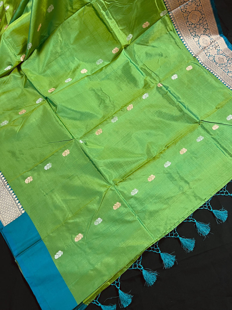 Green Pure Katan Silk Saree with Teal Border and Pallu - Pure Silk Sarees - SILK MARK CERTIFIED