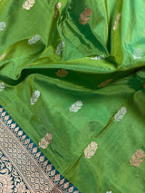 Green Pure Katan Silk Saree with Teal Border and Pallu - Pure Silk Sarees - SILK MARK CERTIFIED