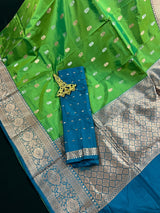 Green Pure Katan Silk Saree with Teal Border and Pallu - Pure Silk Sarees - SILK MARK CERTIFIED