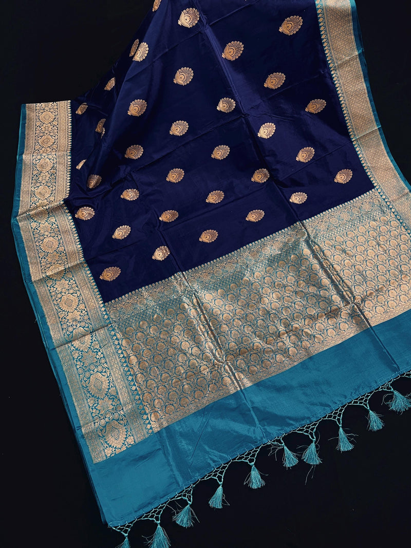 Blue Color Pure Katan Silk Saree with Sky Blue Border and Pallu - Pure Silk Sarees - SILK MARK CERTIFIED