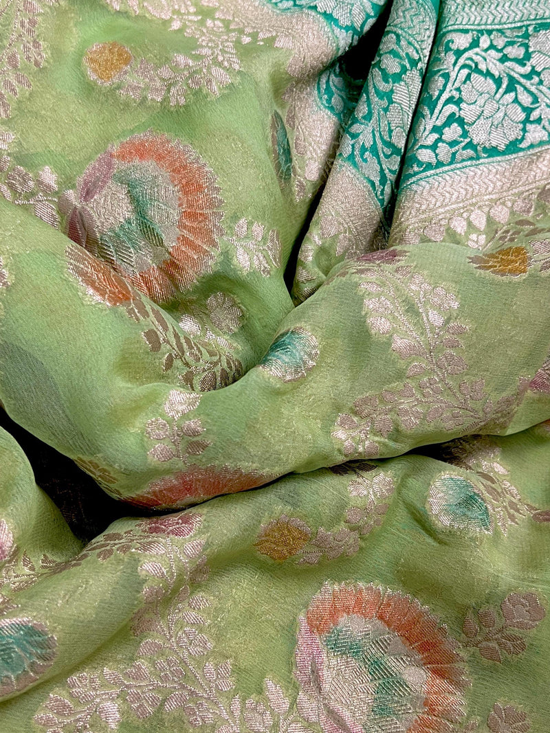 Pastel Green and Sea Green Color Pure Khaddi Georgette Banarasi Silk Saree | Floral Meenakari Jaal Silk Sari  | SILK MARK CERTIFIED