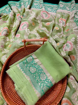 Pastel Green and Sea Green Color Pure Khaddi Georgette Banarasi Silk Saree | Floral Meenakari Jaal Silk Sari  | SILK MARK CERTIFIED