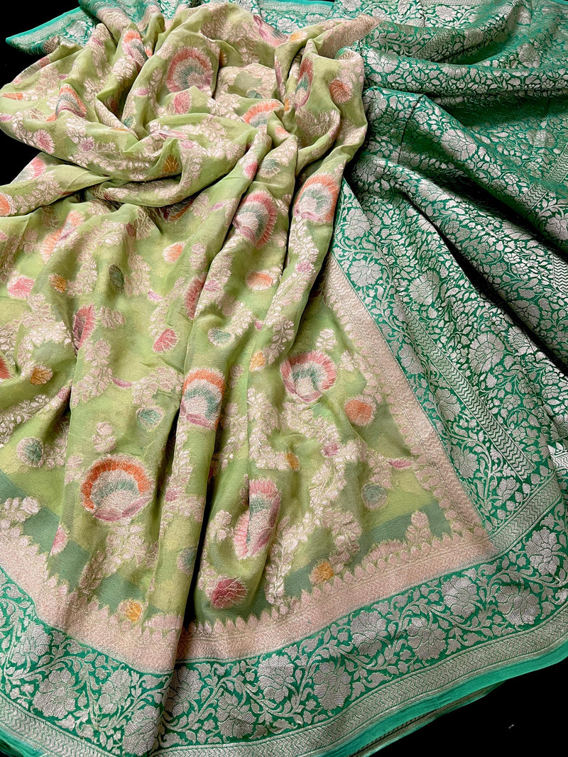 Pastel Green and Sea Green Color Pure Khaddi Georgette Banarasi Silk Saree | Floral Meenakari Jaal Silk Sari  | SILK MARK CERTIFIED