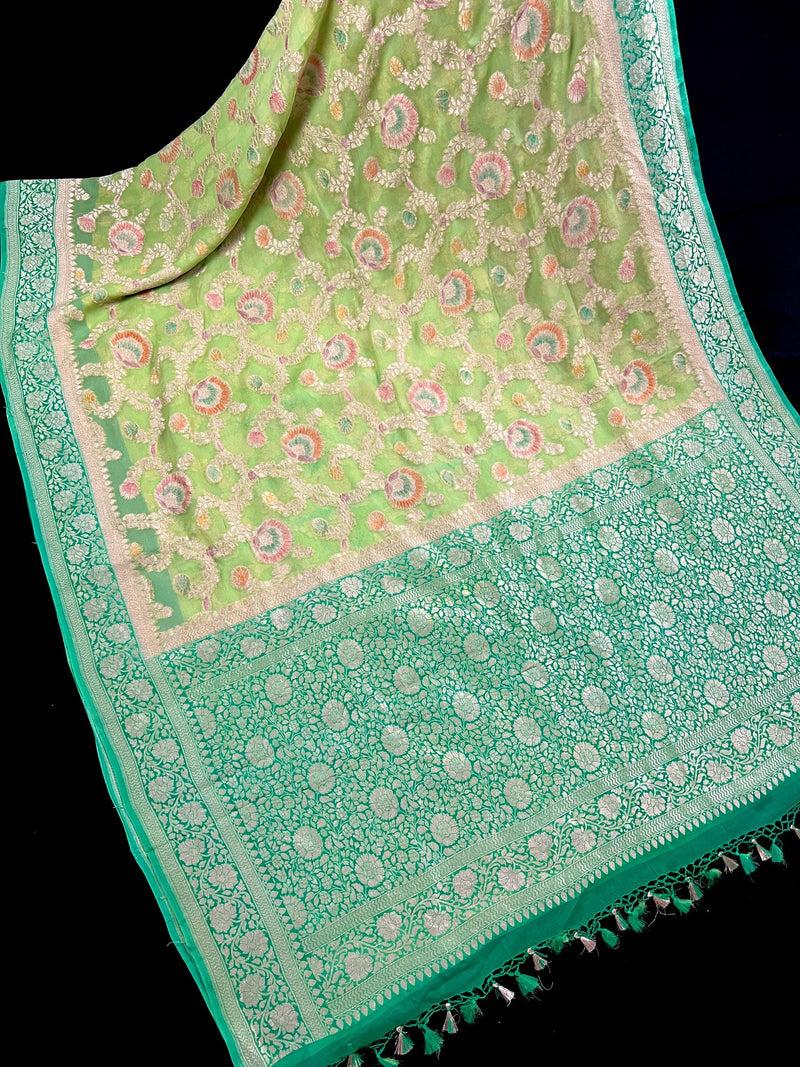 Pastel Green and Sea Green Color Pure Khaddi Georgette Banarasi Silk Saree | Floral Meenakari Jaal Silk Sari  | SILK MARK CERTIFIED